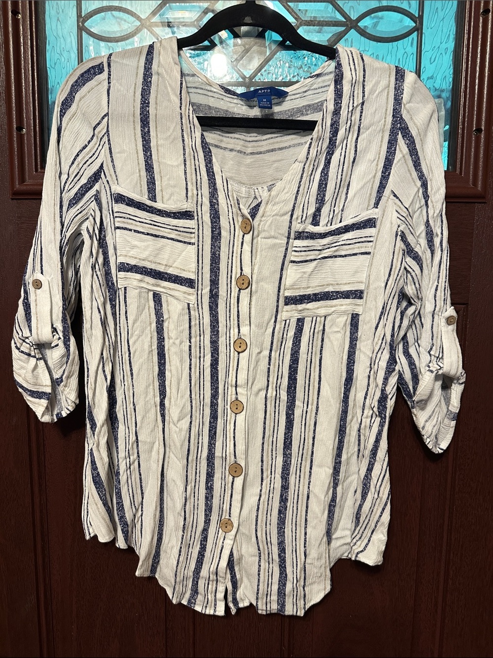 Apt. 9 White and Navy Striped Button-Down Shirt